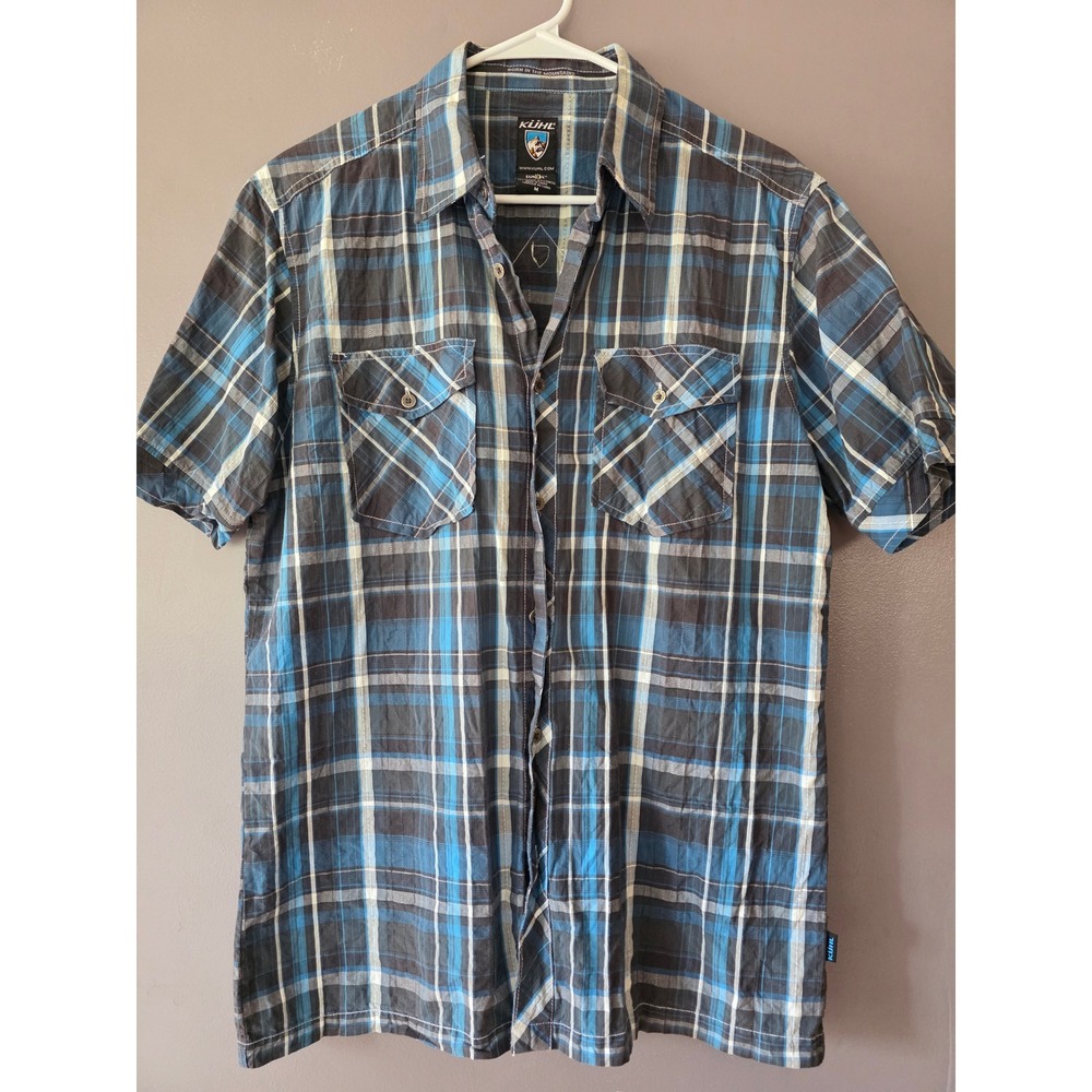 Kuhl Suncel Mens Blue Black Plaid Short Sleeve Button Down Shirt Sz M Hiking